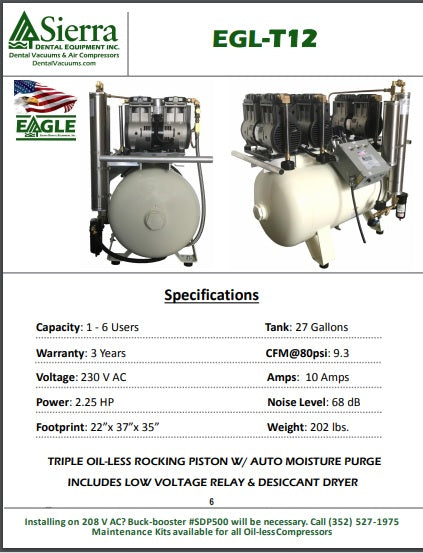 SIERRA EAGLE-T12 QUIET DENTAL OIL-LESS AIR COMPRESSOR PN: EGL-T12