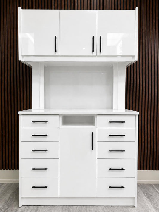 Gloss white 12 o'clock rear dental cabinet by DRM Dental with upper cabinets, quartz countertop, and ten drawers