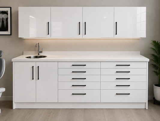 Gloss white dental side cabinet by DRM Dental with wall-mounted upper cabinets, under-cabinet lighting, quartz countertop, sink, and ten drawers