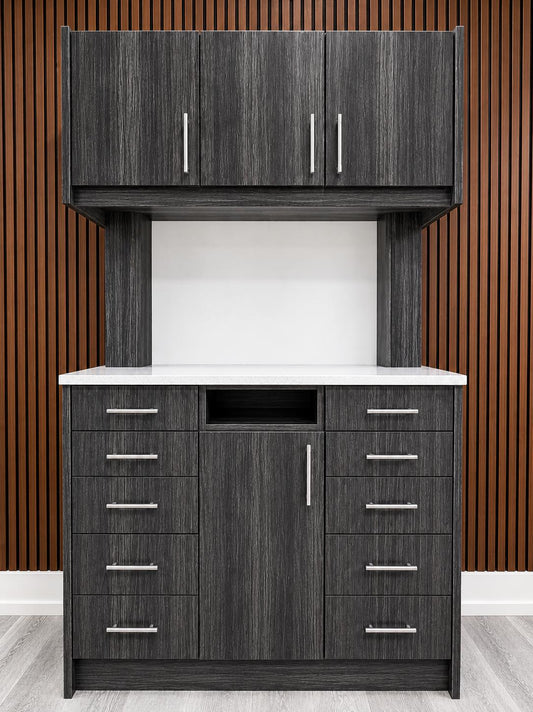 Charcoal woodgrain 12 o'clock rear dental cabinet by DRM Dental with upper cabinets, quartz countertop, and ten drawers