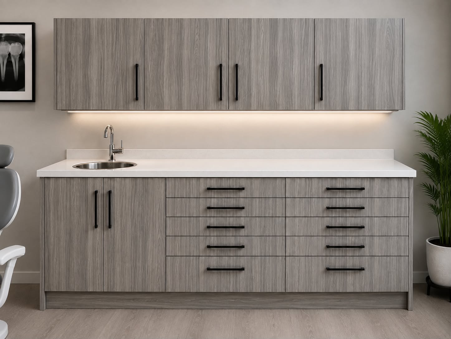 Custom dental cabinetry manufactured by DRM Dental: upper cabinets, quartz countertop, and drawer bank in a dental operatory